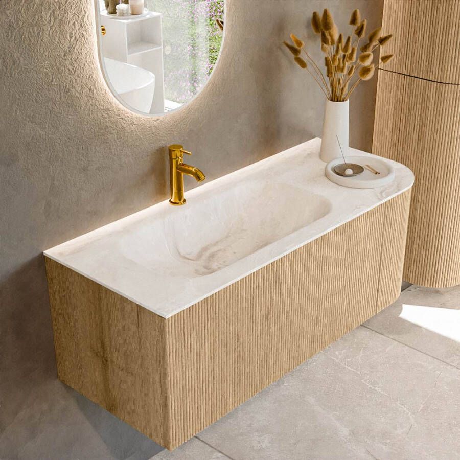 Mondiaz KURVE-DLUX 115cm badmeubel met module 25 R kleur Oak met 1 lade en 1 deur. Wastafel BIG SMALL links 1 kraangat kleur Frappe. KRVBGS115R1L1D1KL-Oak Fra