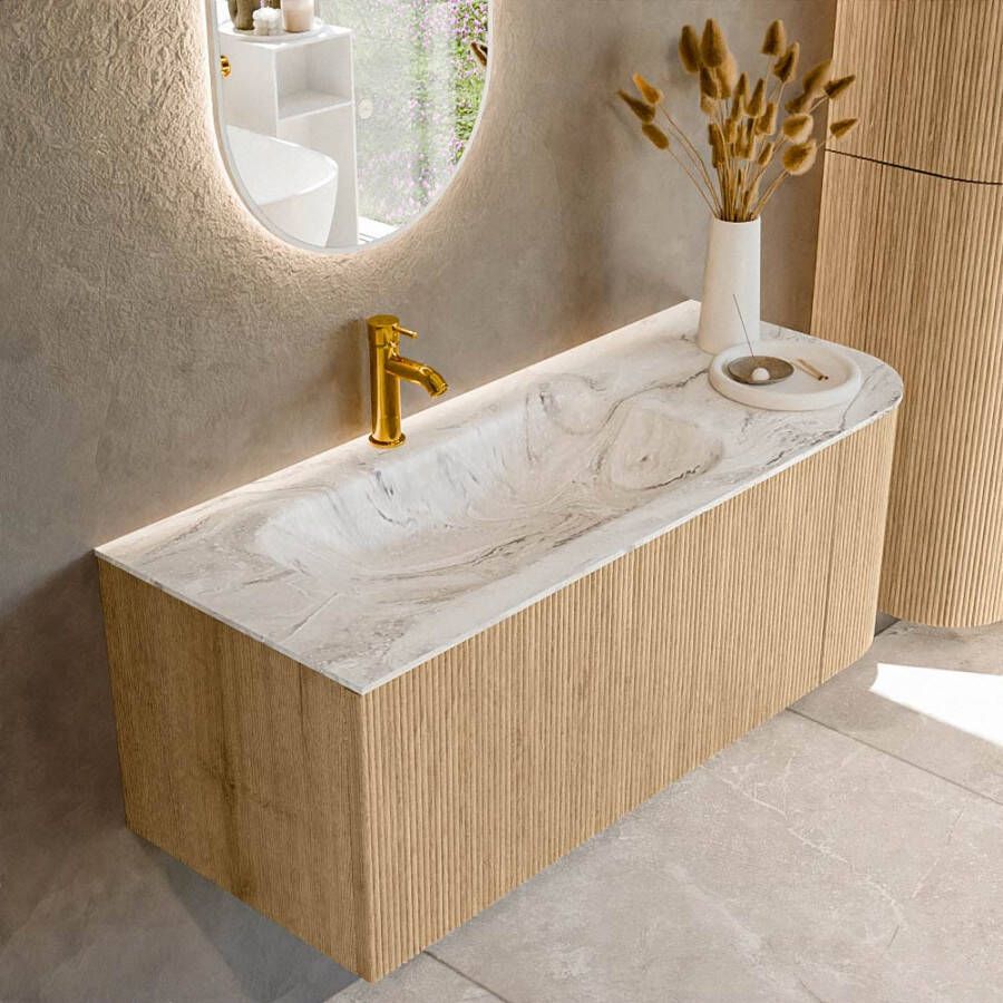 Mondiaz KURVE-DLUX 115cm badmeubel met module 25 R kleur Oak met 1 lade en 1 deur. Wastafel BIG SMALL links 1 kraangat kleur Glace. KRVBGS115R1L1D1KL-Oak Gla