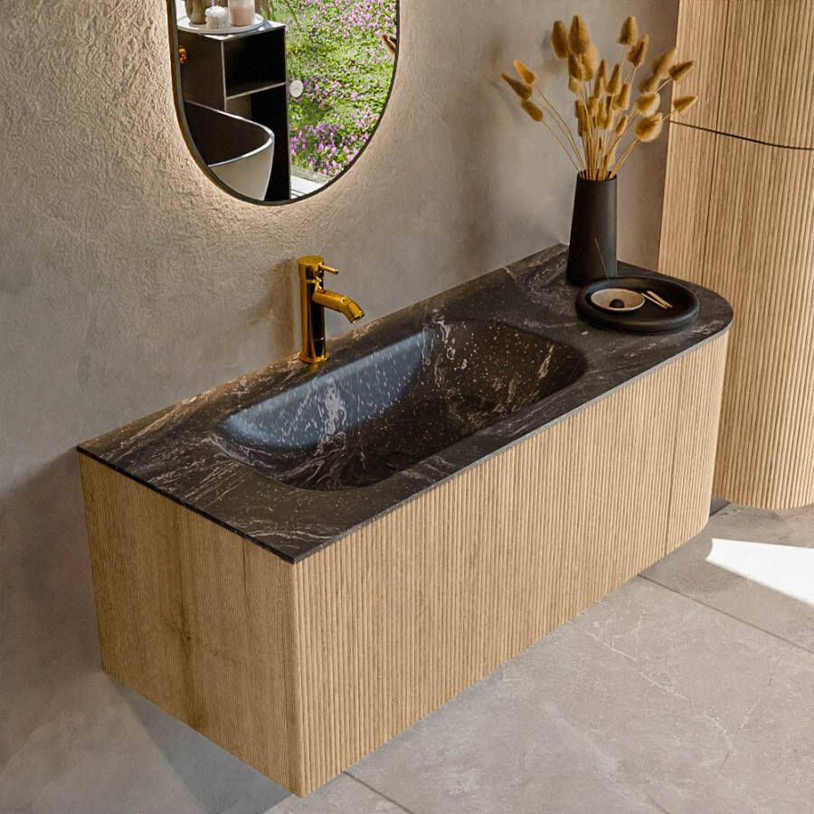 Mondiaz KURVE-DLUX 115cm badmeubel met module 25 R kleur Oak met 1 lade en 1 deur. Wastafel BIG SMALL links 1 kraangat kleur Lava. KRVBGS115R1L1D1KL-Oak Lav