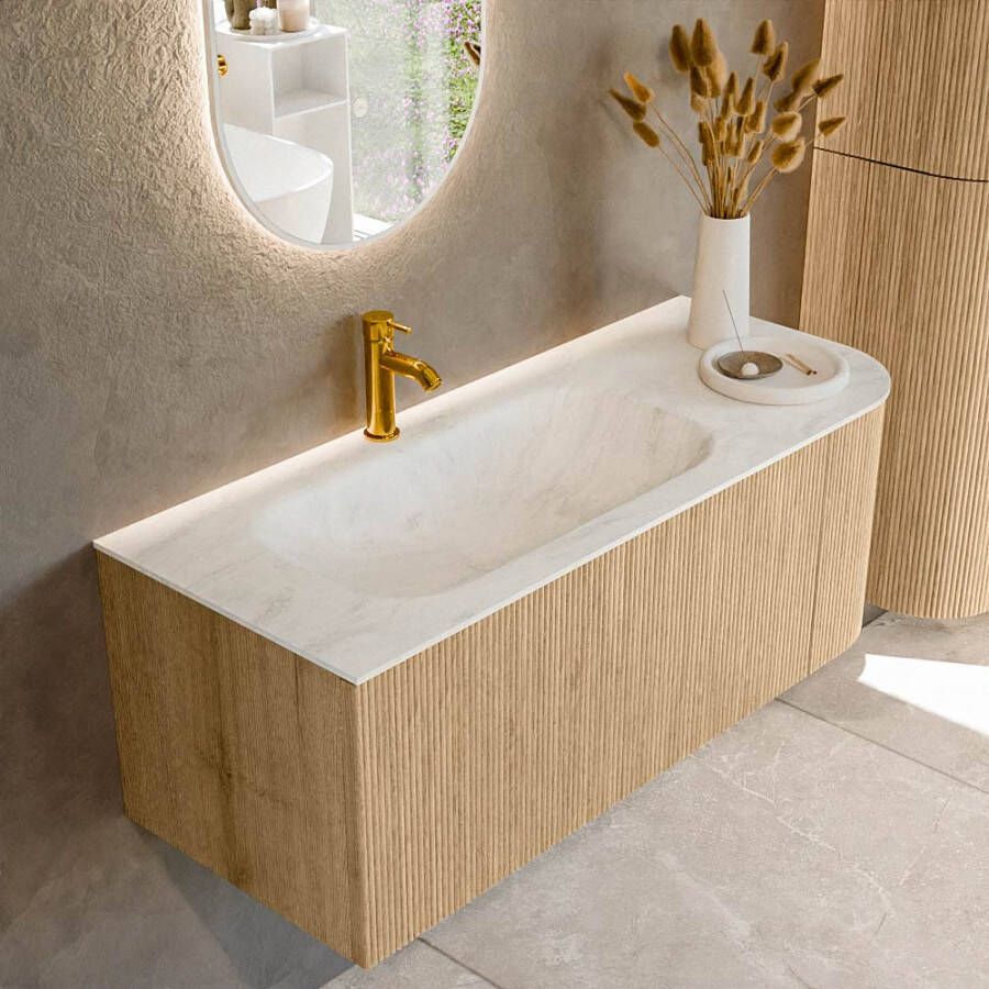Mondiaz KURVE-DLUX 115cm badmeubel met module 25 R kleur Oak met 1 lade en 1 deur. Wastafel BIG SMALL links 1 kraangat kleur Opalo. KRVBGS115R1L1D1KL-Oak Opa
