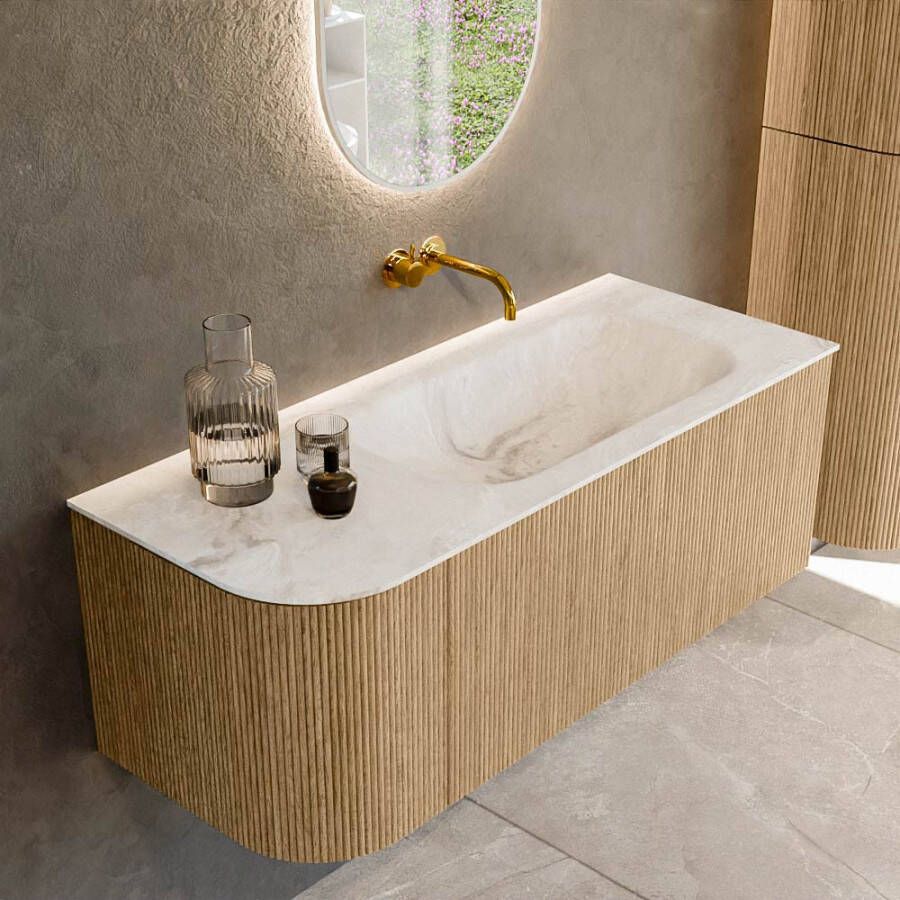 Mondiaz KURVE-DLUX 115cm badmeubel met module 25 L kleur Oak met 1 lade en 1 deur. Wastafel BIG SMALL rechts zonder kraangat kleur Frappe. KRVBGS115L1L1D0KR-Oak Fra