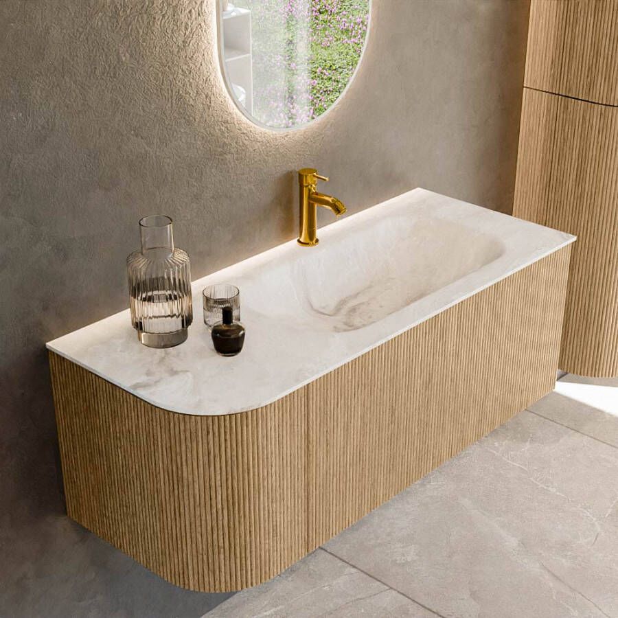 Mondiaz KURVE-DLUX 115cm badmeubel met module 25 L kleur Oak met 1 lade en 1 deur. Wastafel BIG SMALL rechts 1 kraangat kleur Frappe. KRVBGS115L1L1D1KR-Oak Fra