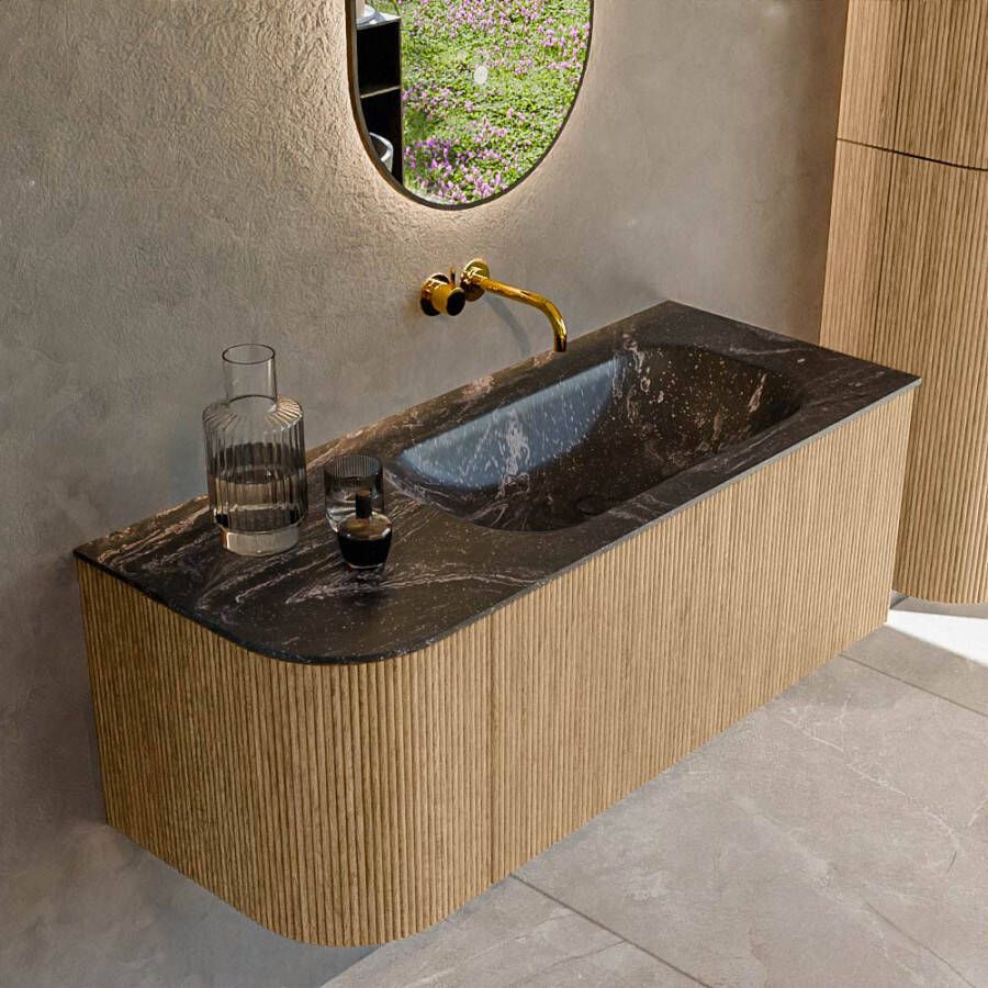 Mondiaz KURVE-DLUX 115cm badmeubel met module 25 L kleur Oak met 1 lade en 1 deur. Wastafel BIG SMALL rechts zonder kraangat kleur Lava. KRVBGS115L1L1D0KR-Oak Lav