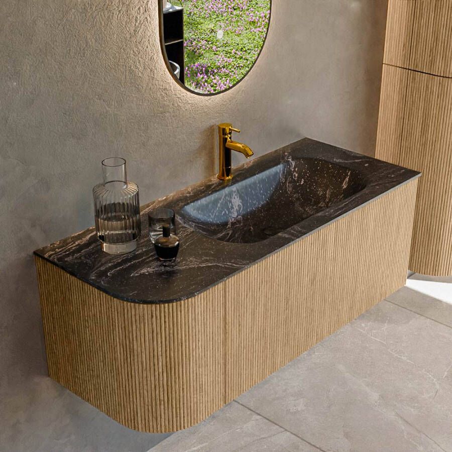 Mondiaz KURVE-DLUX 115cm badmeubel met module 25 L kleur Oak met 1 lade en 1 deur. Wastafel BIG SMALL rechts 1 kraangat kleur Lava. KRVBGS115L1L1D1KR-Oak Lav