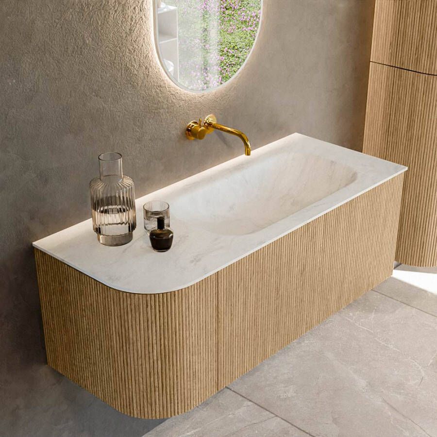 Mondiaz KURVE-DLUX 115cm badmeubel met module 25 L kleur Oak met 1 lade en 1 deur. Wastafel BIG SMALL rechts zonder kraangat kleur Opalo. KRVBGS115L1L1D0KR-Oak Opa