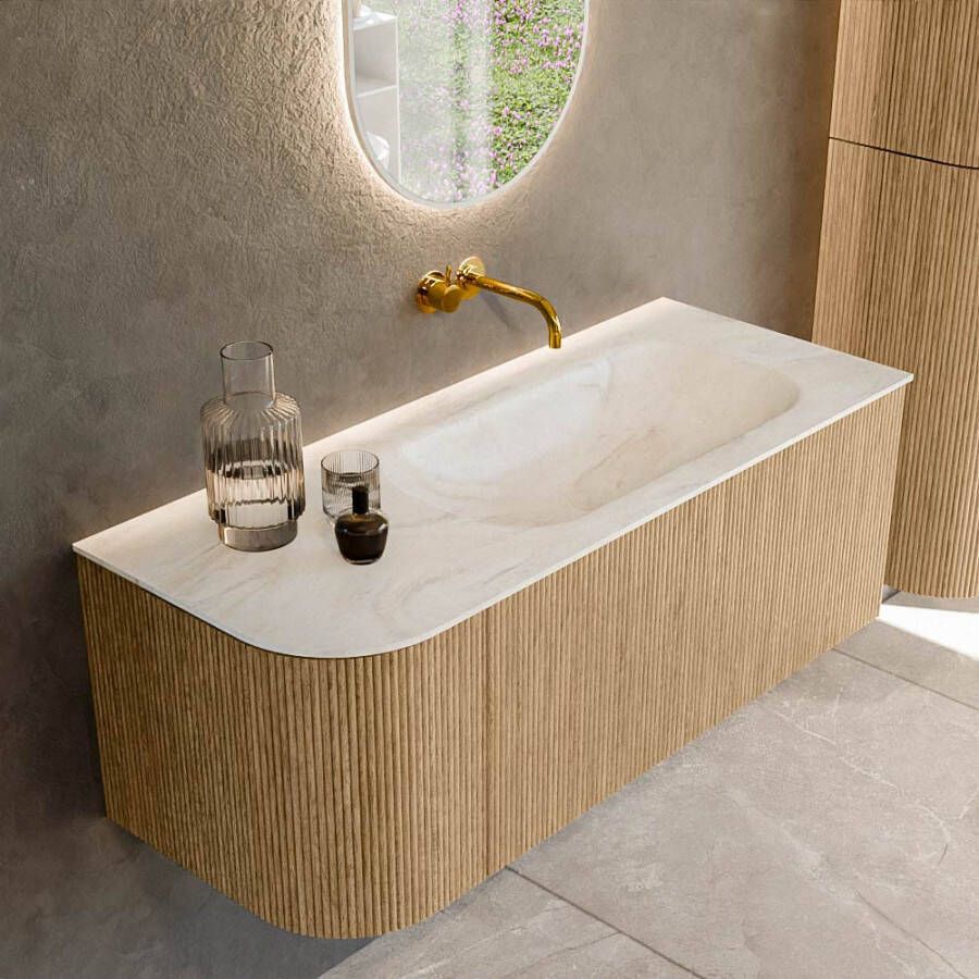 Mondiaz KURVE-DLUX 115cm badmeubel met module 25 L kleur Oak met 1 lade en 1 deur. Wastafel BIG SMALL rechts zonder kraangat kleur Ostra. KRVBGS115L1L1D0KR-Oak Ost