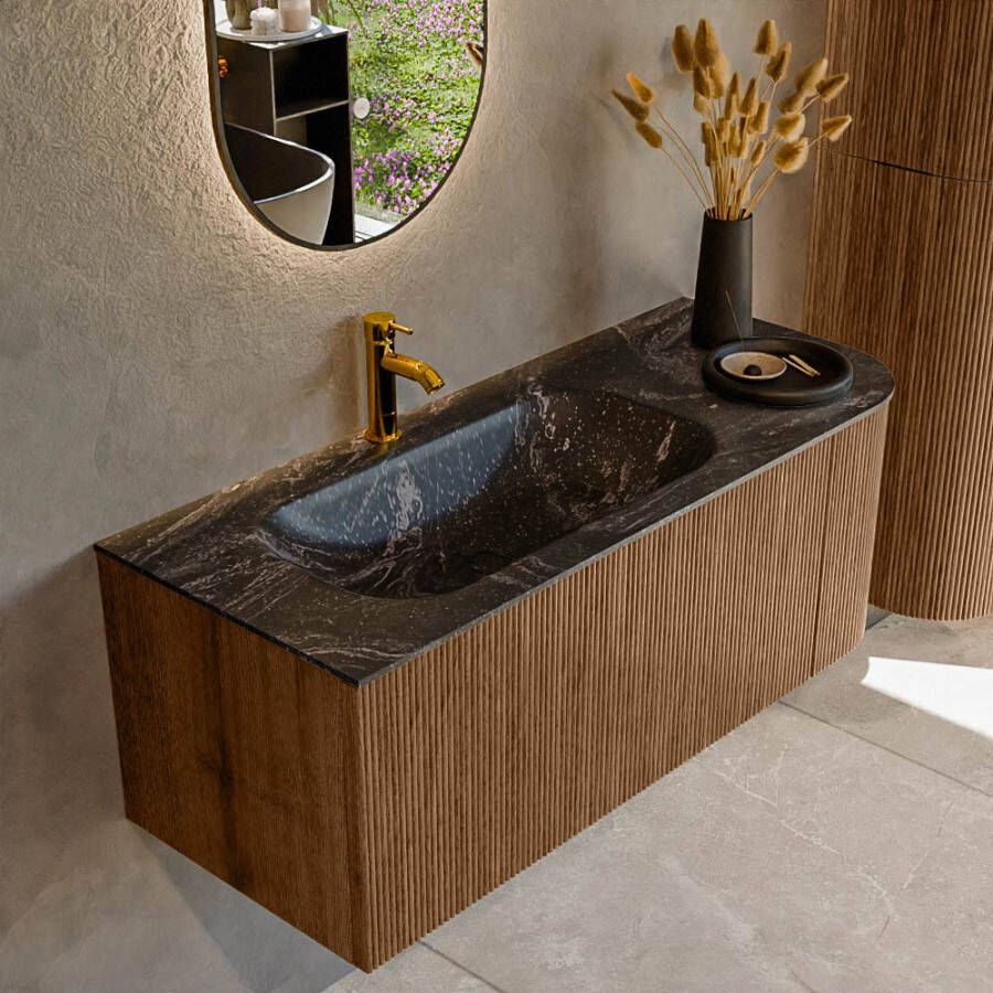 Mondiaz KURVE-DLUX 115cm badmeubel met module 25 R kleur Walnut met 1 lade en 1 deur. Wastafel BIG SMALL links 1 kraangat kleur Lava. KRVBGS115R1L1D1KL-Wal Lav