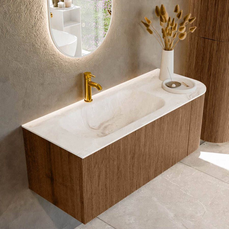 Mondiaz KURVE-DLUX 115cm badmeubel met module 25 R kleur Walnut met 1 lade en 1 deur. Wastafel BIG SMALL links 1 kraangat kleur Frappe. KRVBGS115R1L1D1KL-Wal Fra