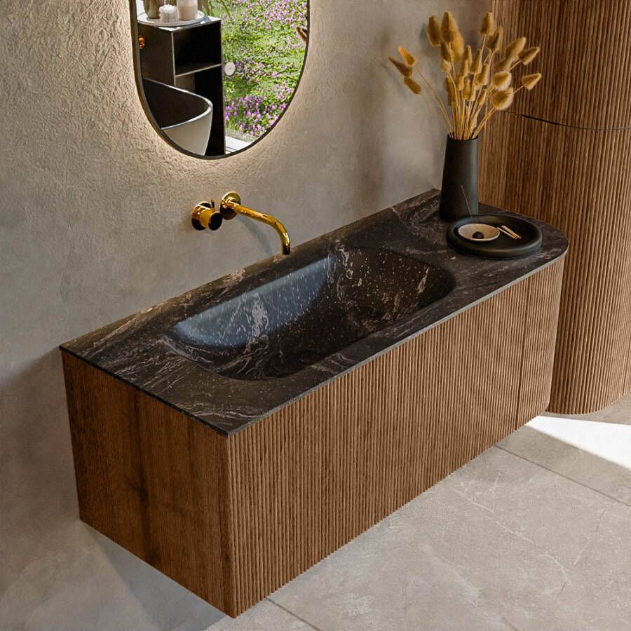Mondiaz KURVE-DLUX 115cm badmeubel met module 25 R kleur Walnut met 1 lade en 1 deur. Wastafel BIG SMALL links zonder kraangat kleur Lava. KRVBGS115R1L1D0KL-Wal Lav