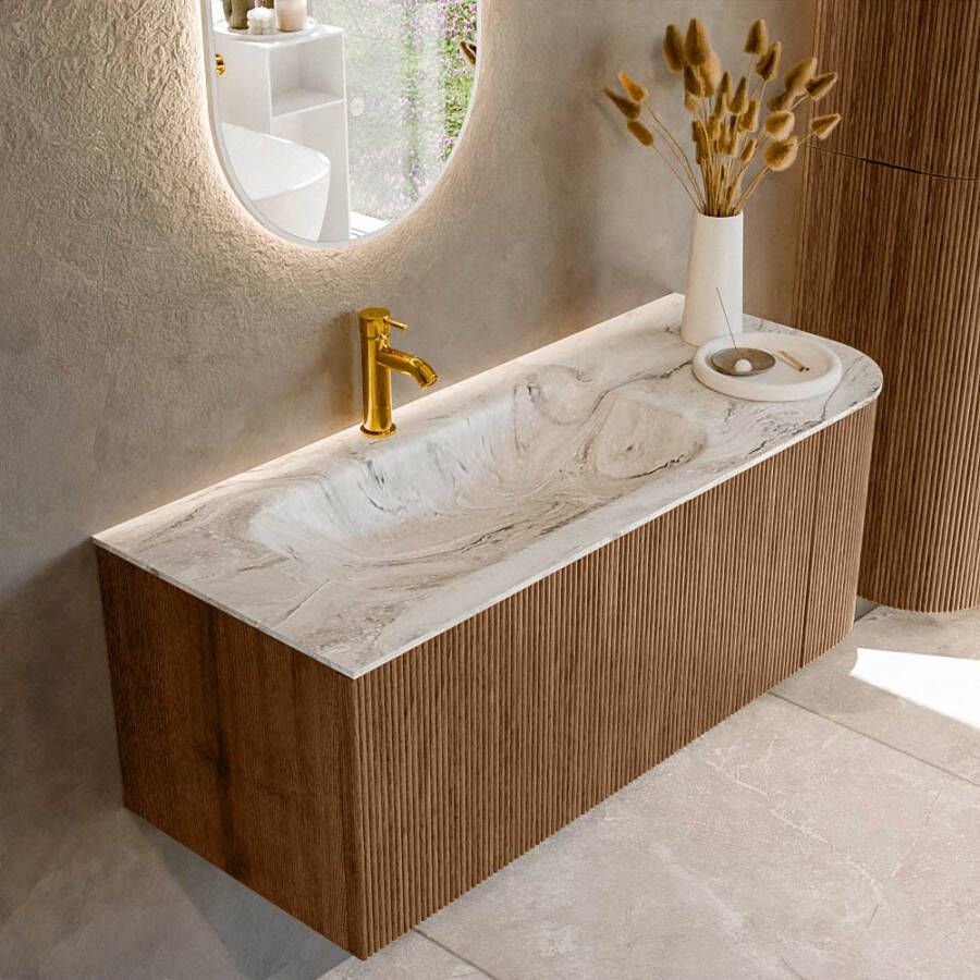 Mondiaz KURVE-DLUX 115cm badmeubel met module 25 R kleur Walnut met 1 lade en 1 deur. Wastafel BIG SMALL links 1 kraangat kleur Glace. KRVBGS115R1L1D1KL-Wal Gla