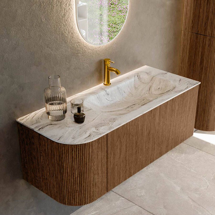 Mondiaz KURVE-DLUX 115cm badmeubel met module 25 L kleur Walnut met 1 lade en 1 deur. Wastafel BIG SMALL rechts 1 kraangat kleur Glace. KRVBGS115L1L1D1KR-Wal Gla