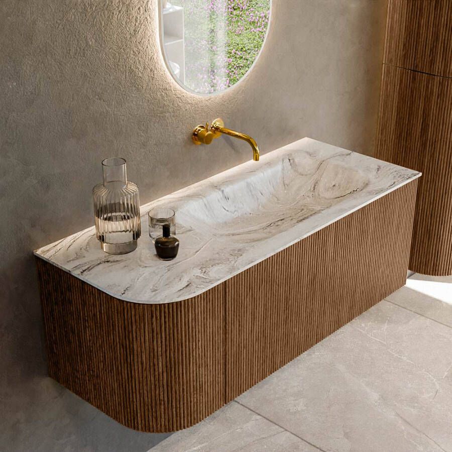 Mondiaz KURVE-DLUX 115cm badmeubel met module 25 L kleur Walnut met 1 lade en 1 deur. Wastafel BIG SMALL rechts zonder kraangat kleur Glace. KRVBGS115L1L1D0KR-Wal Gla