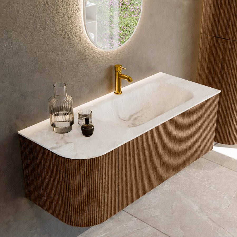 Mondiaz KURVE-DLUX 115cm badmeubel met module 25 L kleur Walnut met 1 lade en 1 deur. Wastafel BIG SMALL rechts 1 kraangat kleur Frappe. KRVBGS115L1L1D1KR-Wal Fra