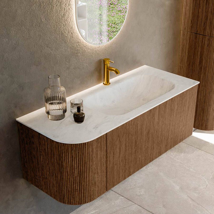 Mondiaz KURVE-DLUX 115cm badmeubel met module 25 L kleur Walnut met 1 lade en 1 deur. Wastafel BIG SMALL rechts 1 kraangat kleur Opalo. KRVBGS115L1L1D1KR-Wal Opa