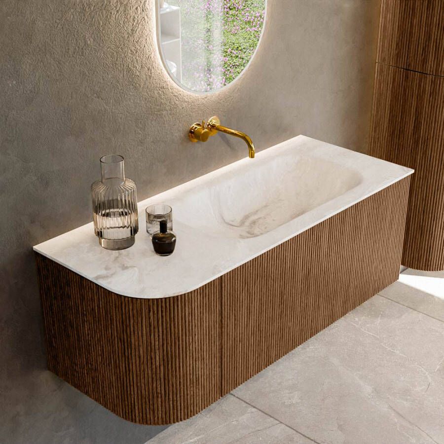 Mondiaz KURVE-DLUX 115cm badmeubel met module 25 L kleur Walnut met 1 lade en 1 deur. Wastafel BIG SMALL rechts zonder kraangat kleur Frappe. KRVBGS115L1L1D0KR-Wal Fra