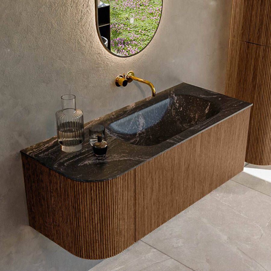 Mondiaz KURVE-DLUX 115cm badmeubel met module 25 L kleur Walnut met 1 lade en 1 deur. Wastafel BIG SMALL rechts zonder kraangat kleur Lava. KRVBGS115L1L1D0KR-Wal Lav