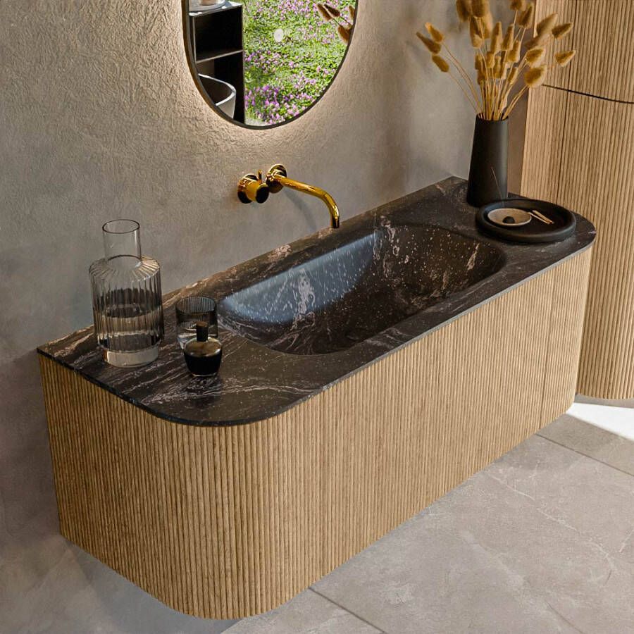 Mondiaz KURVE-DLUX 120cm badmeubel met module 25 Len R kleur Oak met 1 lade en 2 deuren. Wastafel BIG SMALL midden zonder kraangat kleur Lava. KRVBGS120L+R1L2D0KM-Oak Lav