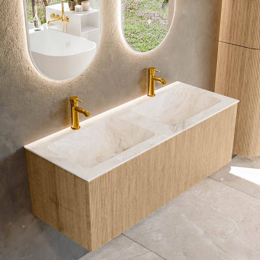 Mondiaz KURVE-DLUX 120 cm Onderkast Greeploos 1 Lade Zonder Deuren Oak Wastafel Solid Surface Dubbel Frappe 2 Kraangaten Zonder Spiegel (KRVLEA1201L0D2KD-Oak Fra)
