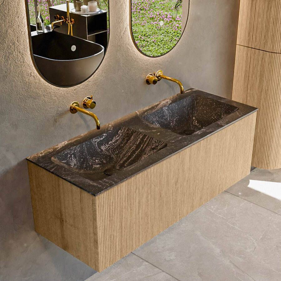 Mondiaz KURVE-DLUX 120 cm Onderkast Greeploos 1 Lade Zonder Deuren Oak Wastafel Solid Surface Dubbel Lava 0 Kraangaten Zonder Spiegel (KRVLEA1201L0D0KD-Oak Lav)