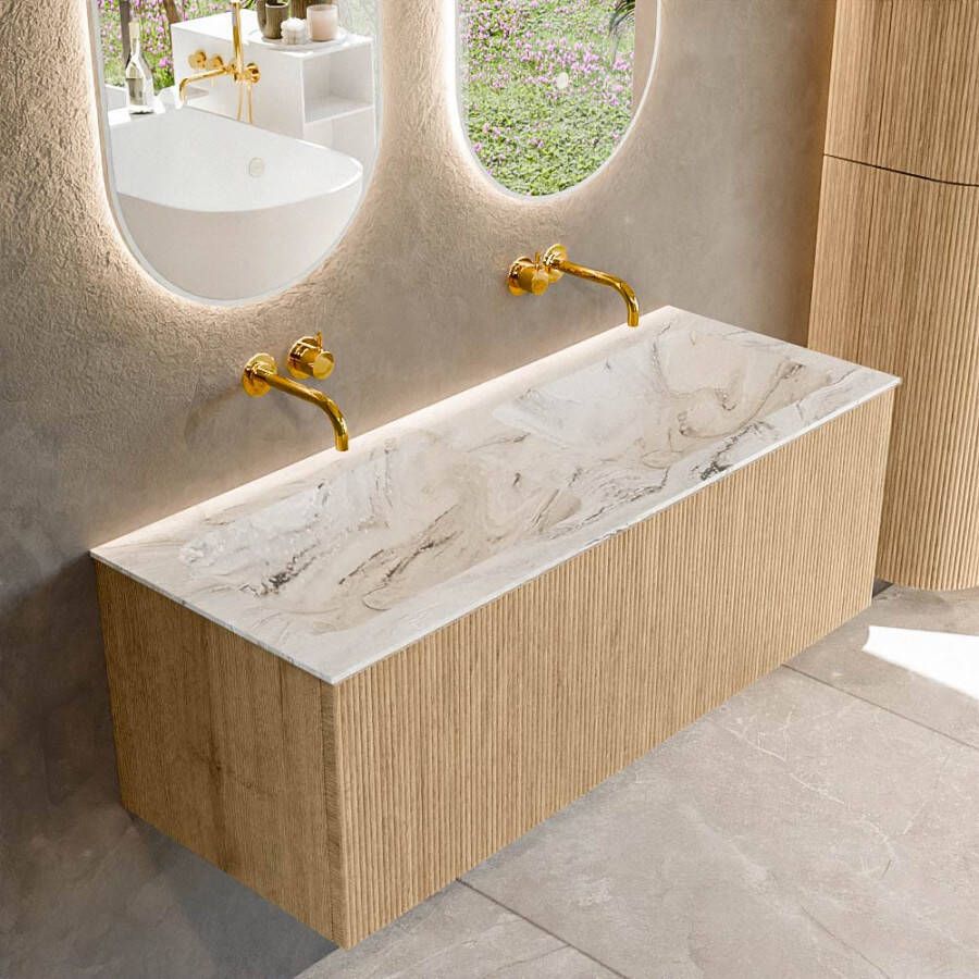 Mondiaz KURVE-DLUX 120 cm Onderkast Greeploos 1 Lade Zonder Deuren Oak Wastafel Solid Surface Dubbel Glace 0 Kraangaten Zonder Spiegel (KRVLEA1201L0D0KD-Oak Gla)