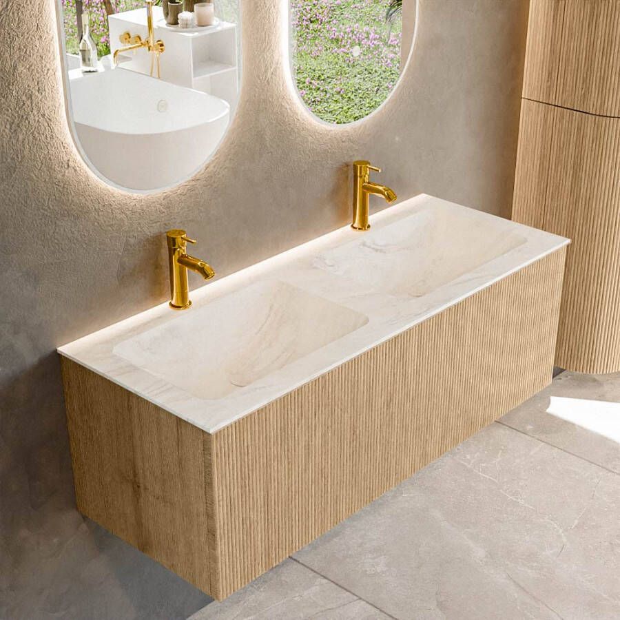 Mondiaz KURVE-DLUX 120 cm Onderkast Greeploos 1 Lade Zonder Deuren Oak Wastafel Solid Surface Dubbel Ostra 2 Kraangaten Zonder Spiegel (KRVLEA1201L0D2KD-Oak Ost)