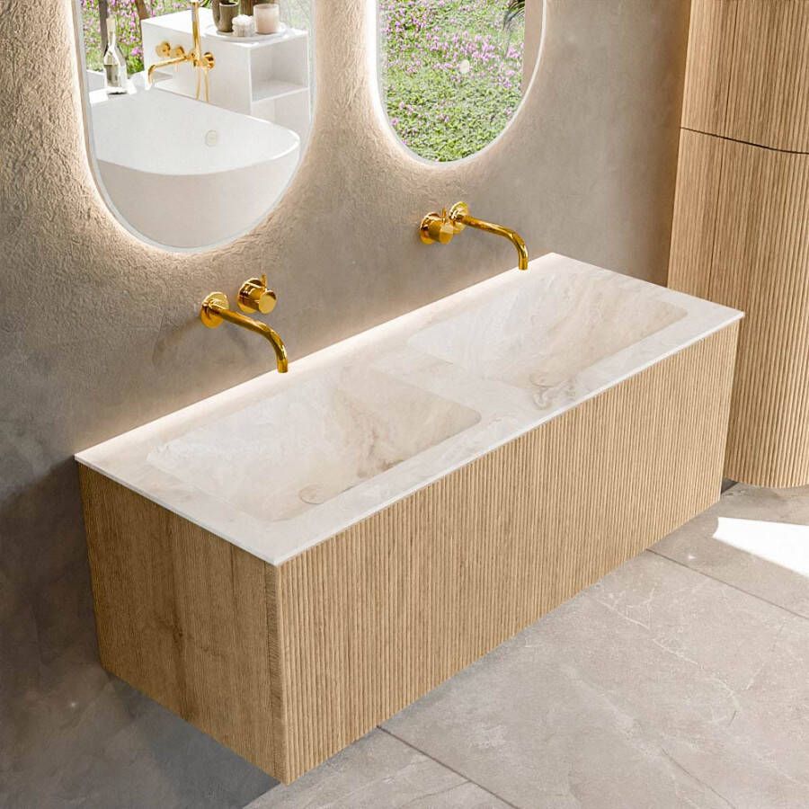 Mondiaz KURVE-DLUX 120 cm Onderkast Greeploos 1 Lade Zonder Deuren Oak Wastafel Solid Surface Dubbel Frappe 0 Kraangaten Zonder Spiegel (KRVLEA1201L0D0KD-Oak Fra)