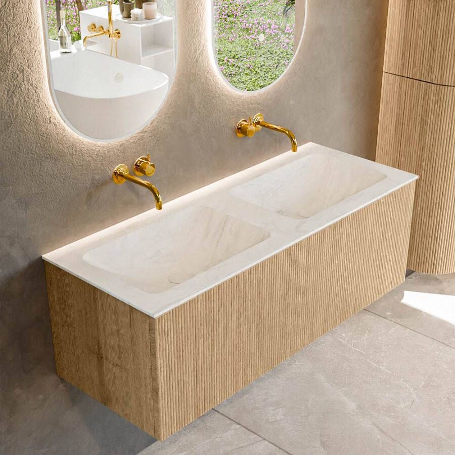 Mondiaz KURVE-DLUX 120 cm Onderkast Greeploos 1 Lade Zonder Deuren Oak Wastafel Solid Surface Dubbel Opalo 0 Kraangaten Zonder Spiegel (KRVLEA1201L0D0KD-Oak Opa)