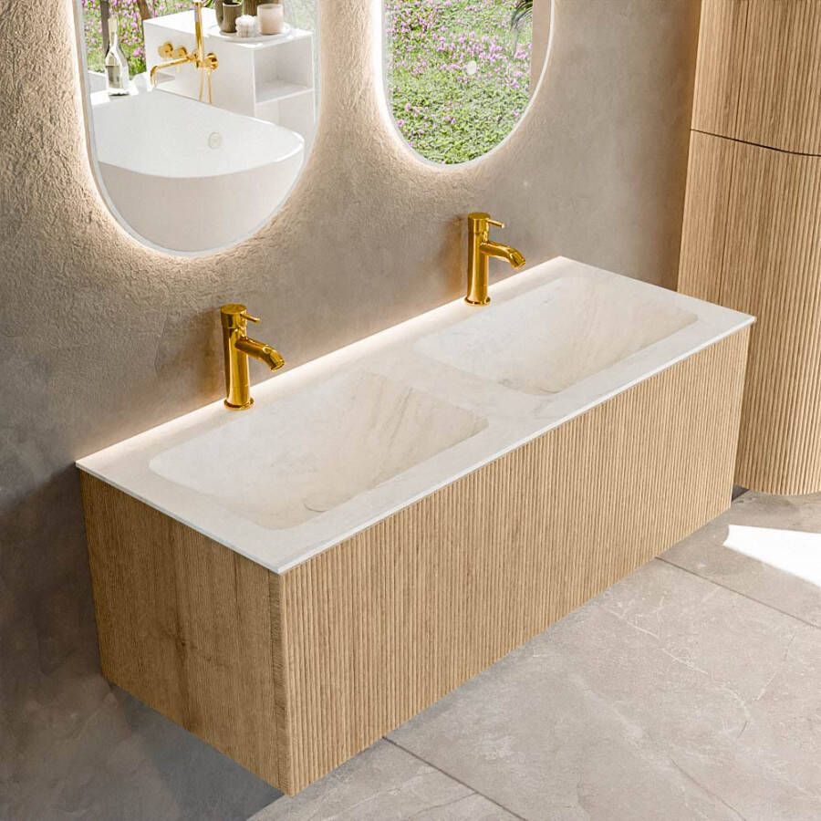 Mondiaz KURVE-DLUX 120 cm Onderkast Greeploos 1 Lade Zonder Deuren Oak Wastafel Solid Surface Dubbel Opalo 2 Kraangaten Zonder Spiegel (KRVLEA1201L0D2KD-Oak Opa)