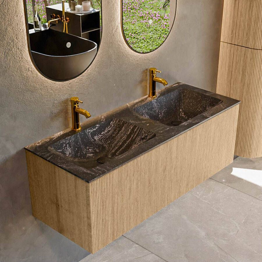 Mondiaz KURVE-DLUX 120 cm Onderkast Greeploos 1 Lade Zonder Deuren Oak Wastafel Solid Surface Dubbel Lava 2 Kraangaten Zonder Spiegel (KRVLEA1201L0D2KD-Oak Lav)