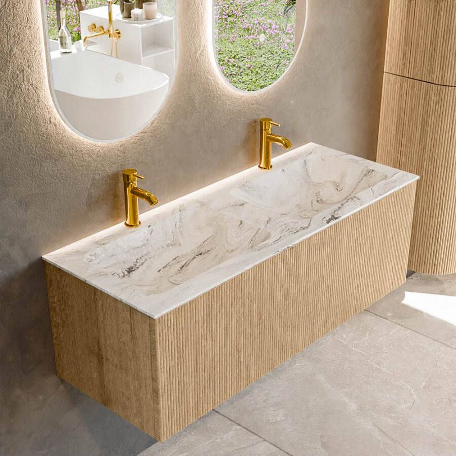 Mondiaz KURVE-DLUX 120 cm Onderkast Greeploos 1 Lade Zonder Deuren Oak Wastafel Solid Surface Dubbel Glace 2 Kraangaten Zonder Spiegel (KRVLEA1201L0D2KD-Oak Gla)
