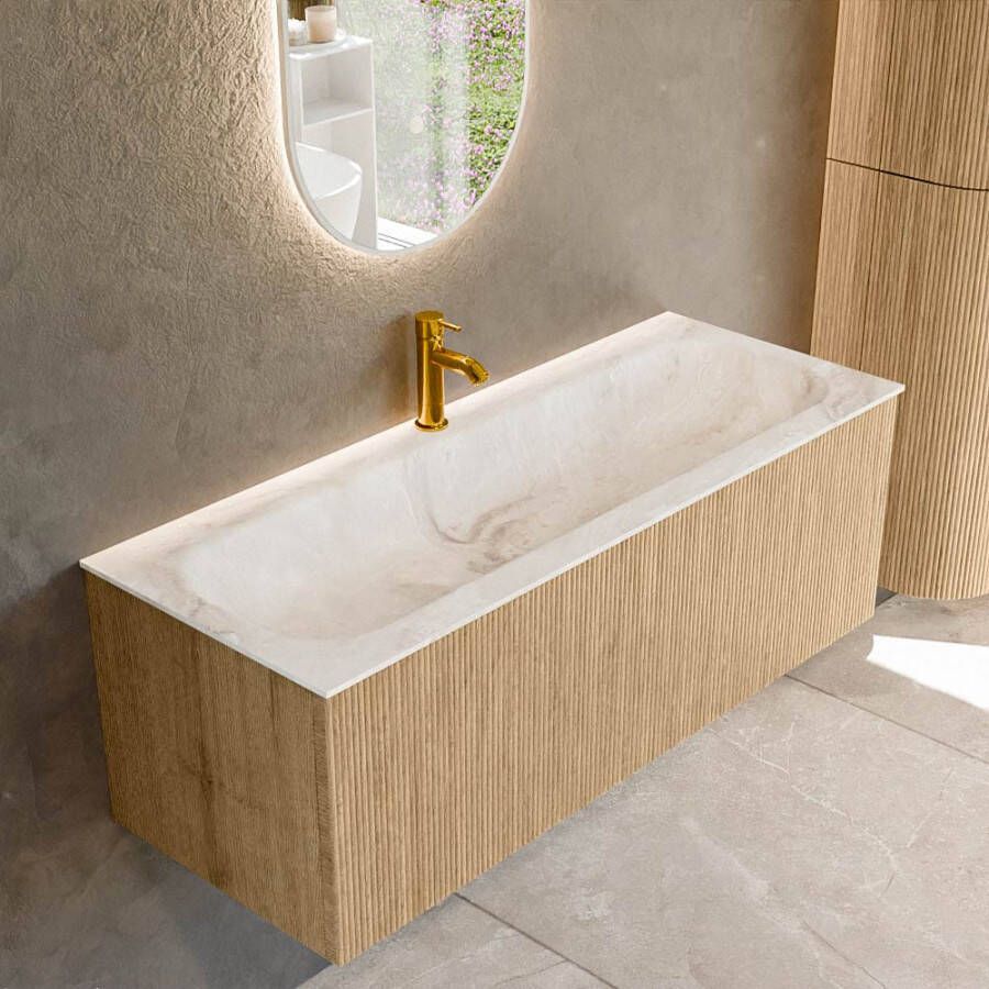 Mondiaz KURVE-DLUX 120 cm Onderkast Greeploos 1 Lade Zonder Deuren Oak Wastafel Solid Surface Volledig Frappe 1 Kraangat Zonder Spiegel (KRVBGL1201L0D1KM-Oak Fra)