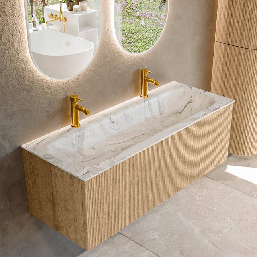 Mondiaz KURVE-DLUX 120 cm Onderkast Greeploos 1 Lade Zonder Deuren Oak Wastafel Solid Surface Volledig Glace 2 Kraangaten Zonder Spiegel (KRVBGL1201L0D2KM-Oak Gla)