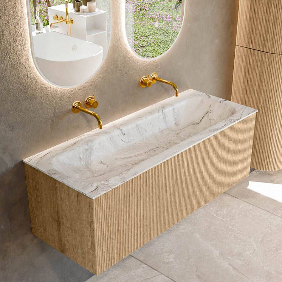 Mondiaz KURVE-DLUX 120 cm Onderkast Greeploos 1 Lade Zonder Deuren Oak Wastafel Solid Surface Volledig Glace 0 Kraangaten Zonder Spiegel (KRVBGL1201L0D0KM-Oak Gla)