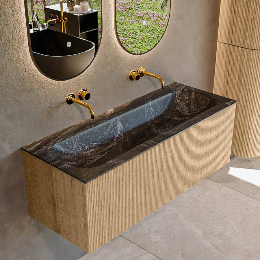 Mondiaz KURVE-DLUX 120 cm Onderkast Greeploos 1 Lade Zonder Deuren Oak Wastafel Solid Surface Volledig Lava 0 Kraangaten Zonder Spiegel (KRVBGL1201L0D0KM-Oak Lav)