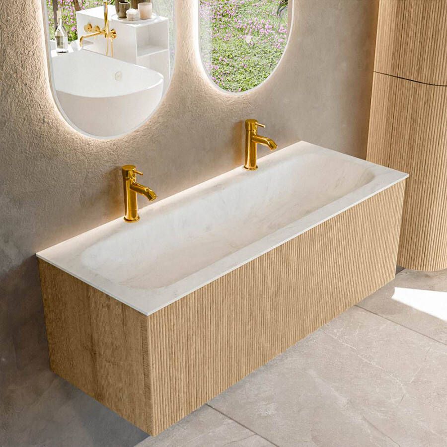 Mondiaz KURVE-DLUX 120 cm Onderkast Greeploos 1 Lade Zonder Deuren Oak Wastafel Solid Surface Volledig Opalo 2 Kraangaten Zonder Spiegel (KRVBGL1201L0D2KM-Oak Opa)