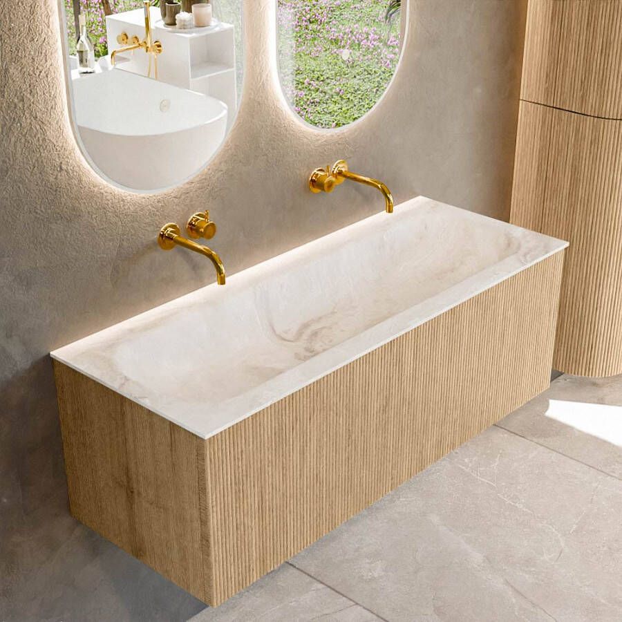 Mondiaz KURVE-DLUX 120 cm Onderkast Greeploos 1 Lade Zonder Deuren Oak Wastafel Solid Surface Volledig Frappe 0 Kraangaten Zonder Spiegel (KRVBGL1201L0D0KM-Oak Fra)