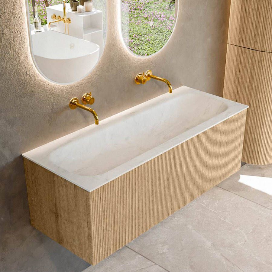 Mondiaz KURVE-DLUX 120 cm Onderkast Greeploos 1 Lade Zonder Deuren Oak Wastafel Solid Surface Volledig Opalo 0 Kraangaten Zonder Spiegel (KRVBGL1201L0D0KM-Oak Opa)