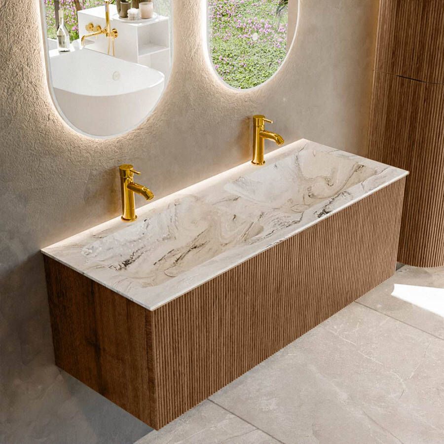 Mondiaz KURVE-DLUX 120 cm Onderkast Greeploos 1 Lade Zonder Deuren Walnut Wastafel Solid Surface Dubbel Glace 2 Kraangaten Zonder Spiegel (KRVLEA1201L0D2KD-Wal Gla)
