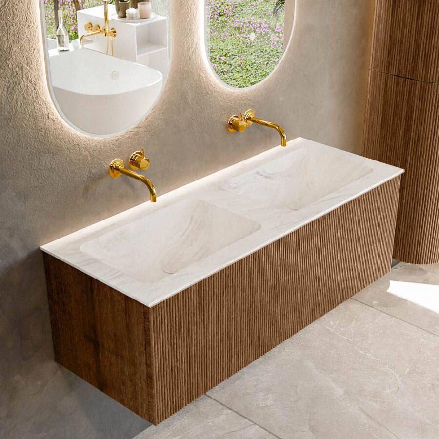 Mondiaz KURVE-DLUX 120 cm Onderkast Greeploos 1 Lade Zonder Deuren Walnut Wastafel Solid Surface Dubbel Ostra 0 Kraangaten Zonder Spiegel (KRVLEA1201L0D0KD-Wal Ost)