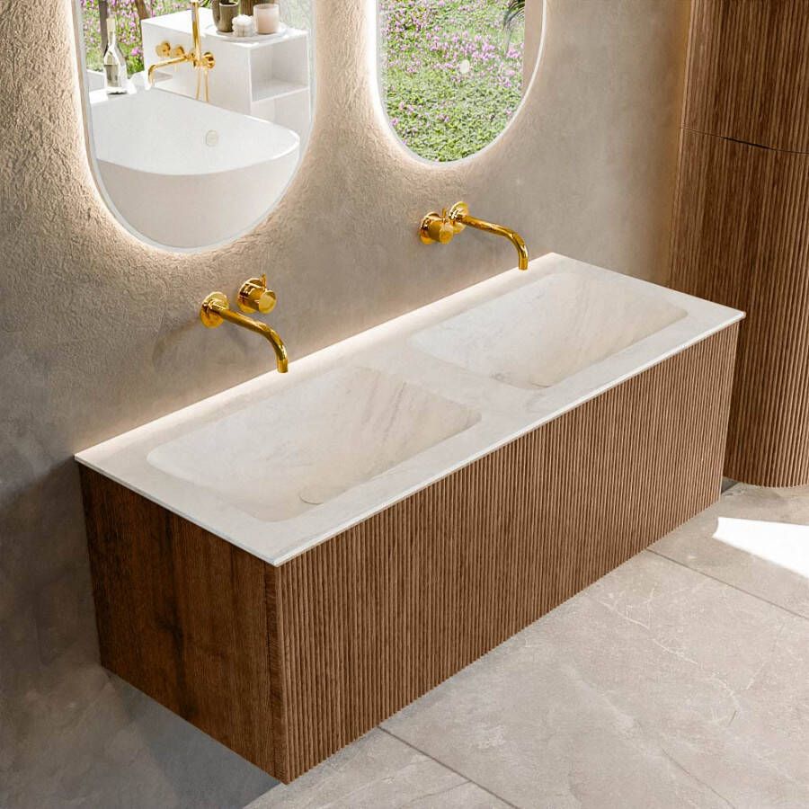 Mondiaz KURVE-DLUX 120 cm Onderkast Greeploos 1 Lade Zonder Deuren Walnut Wastafel Solid Surface Dubbel Opalo 0 Kraangaten Zonder Spiegel (KRVLEA1201L0D0KD-Wal Opa)