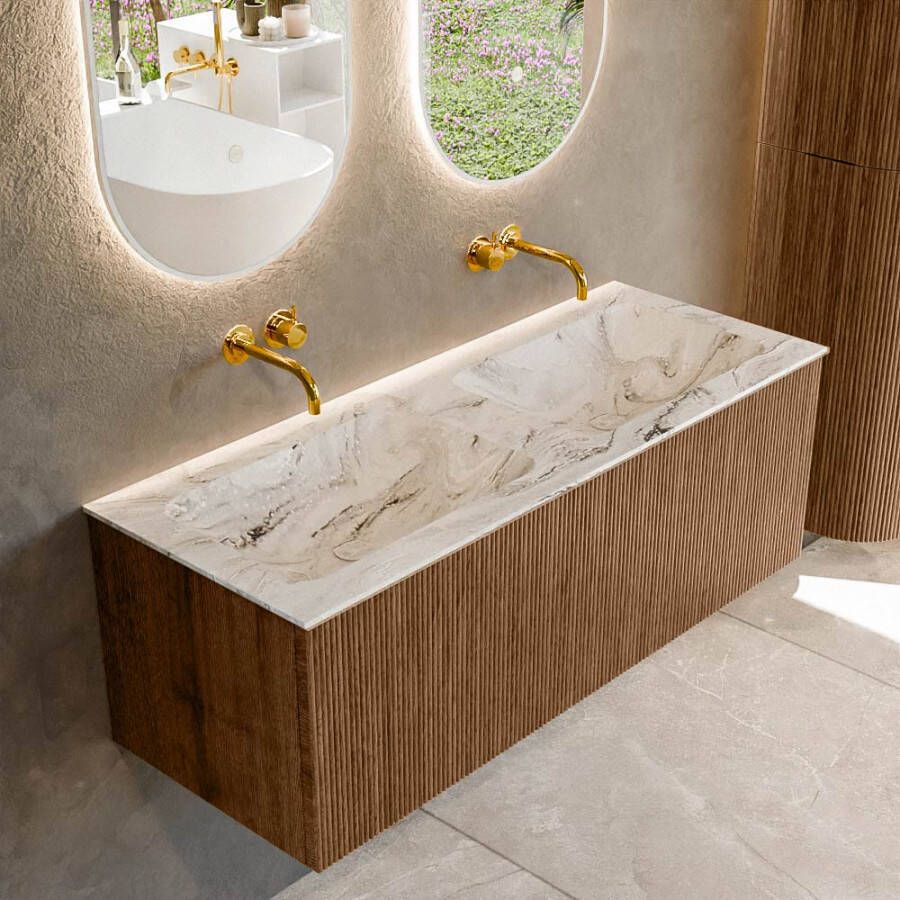 Mondiaz KURVE-DLUX 120 cm Onderkast Greeploos 1 Lade Zonder Deuren Walnut Wastafel Solid Surface Dubbel Glace 0 Kraangaten Zonder Spiegel (KRVLEA1201L0D0KD-Wal Gla)