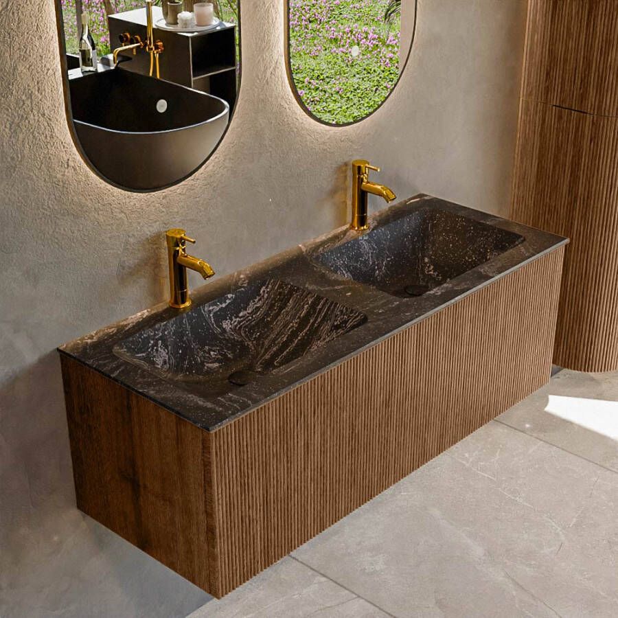 Mondiaz KURVE-DLUX 120 cm Onderkast Greeploos 1 Lade Zonder Deuren Walnut Wastafel Solid Surface Dubbel Lava 2 Kraangaten Zonder Spiegel (KRVLEA1201L0D2KD-Wal Lav)