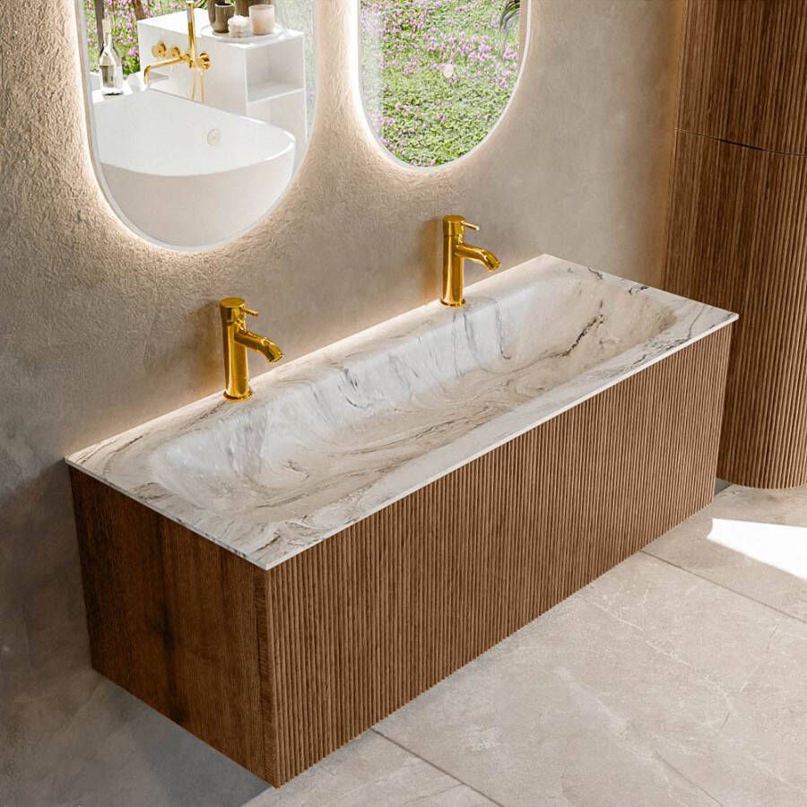Mondiaz KURVE-DLUX 120 cm Onderkast Greeploos 1 Lade Zonder Deuren Walnut Wastafel Solid Surface Volledig Glace 2 Kraangaten Zonder Spiegel (KRVBGL1201L0D2KM-Wal Gla)
