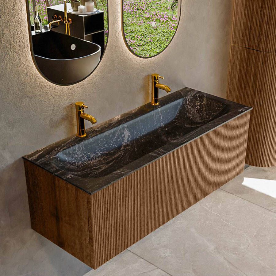 Mondiaz KURVE-DLUX 120 cm Onderkast Greeploos 1 Lade Zonder Deuren Walnut Wastafel Solid Surface Volledig Lava 2 Kraangaten Zonder Spiegel (KRVBGL1201L0D2KM-Wal Lav)