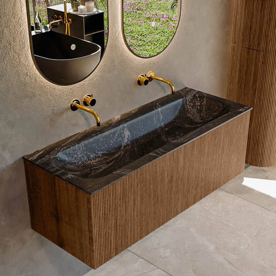 Mondiaz KURVE-DLUX 120 cm Onderkast Greeploos 1 Lade Zonder Deuren Walnut Wastafel Solid Surface Volledig Lava 0 Kraangaten Zonder Spiegel (KRVBGL1201L0D0KM-Wal Lav)