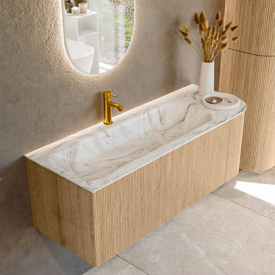 Mondiaz KURVE-DLUX 125cm badmeubel met module 25 R kleur Oak met 1 lade en 1 deur. Wastafel BIG MEDIUM links 1 kraangat kleur Glace. KRVBGM125R1L1D1KL-Oak Gla