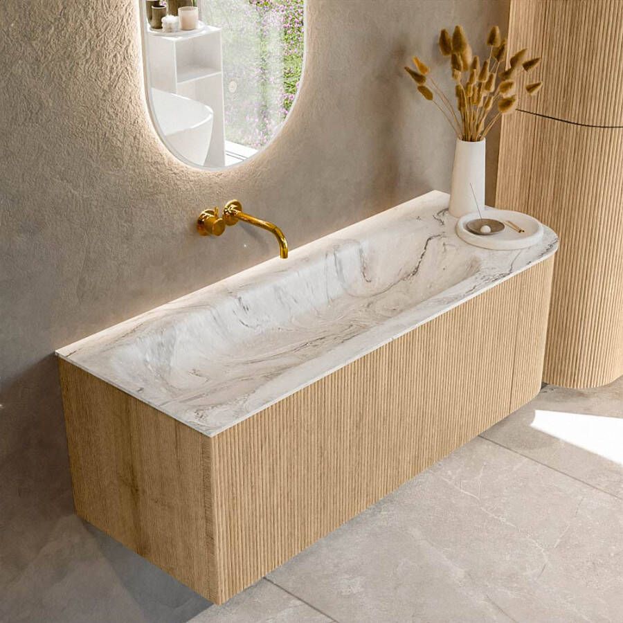 Mondiaz KURVE-DLUX 125cm badmeubel met module 25 R kleur Oak met 1 lade en 1 deur. Wastafel BIG MEDIUM links zonder kraangat kleur Glace. KRVBGM125R1L1D0KL-Oak Gla