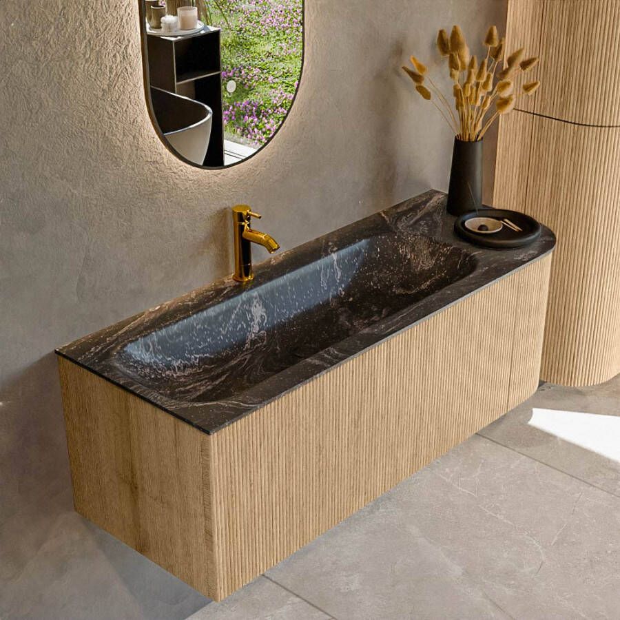 Mondiaz KURVE-DLUX 125cm badmeubel met module 25 R kleur Oak met 1 lade en 1 deur. Wastafel BIG MEDIUM links 1 kraangat kleur Lava. KRVBGM125R1L1D1KL-Oak Lav