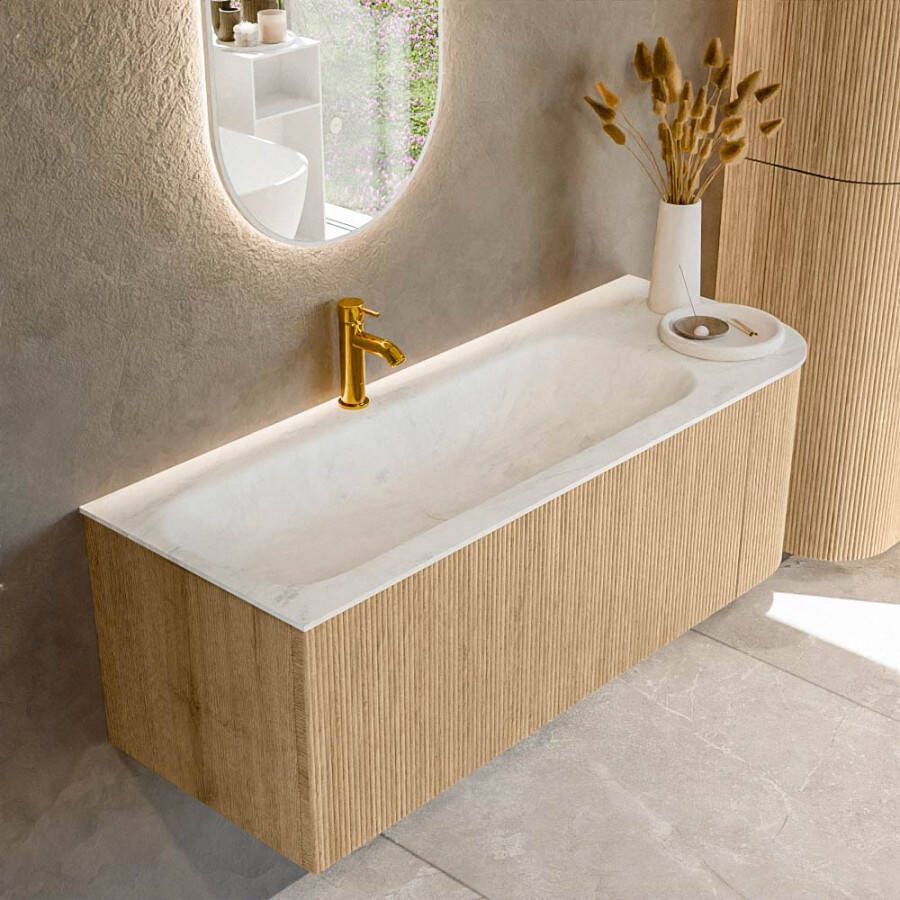 Mondiaz KURVE-DLUX 125cm badmeubel met module 25 R kleur Oak met 1 lade en 1 deur. Wastafel BIG MEDIUM links 1 kraangat kleur Opalo. KRVBGM125R1L1D1KL-Oak Opa