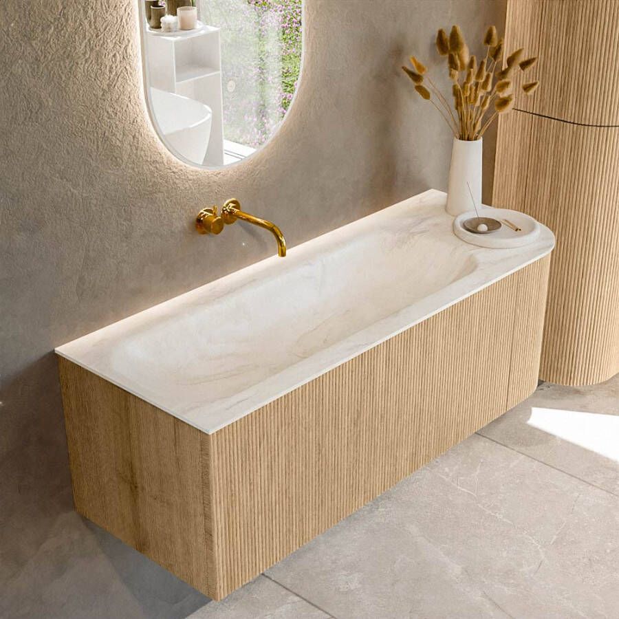 Mondiaz KURVE-DLUX 125cm badmeubel met module 25 R kleur Oak met 1 lade en 1 deur. Wastafel BIG MEDIUM links zonder kraangat kleur Ostra. KRVBGM125R1L1D0KL-Oak Ost